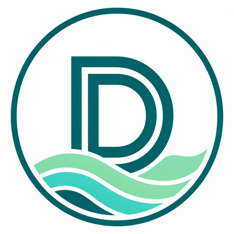Daphnis Waters logo: a letter D inside a ring above teal waves